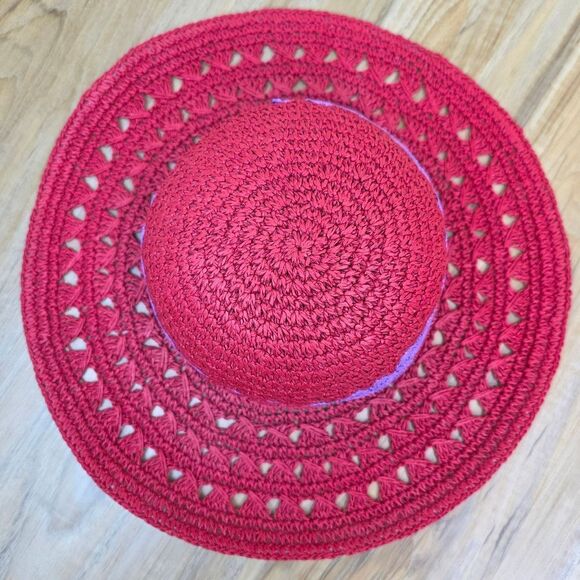 💜Vintage Red & Purple Wide Brim Straw Sun Hat - Picture 5 of 7
